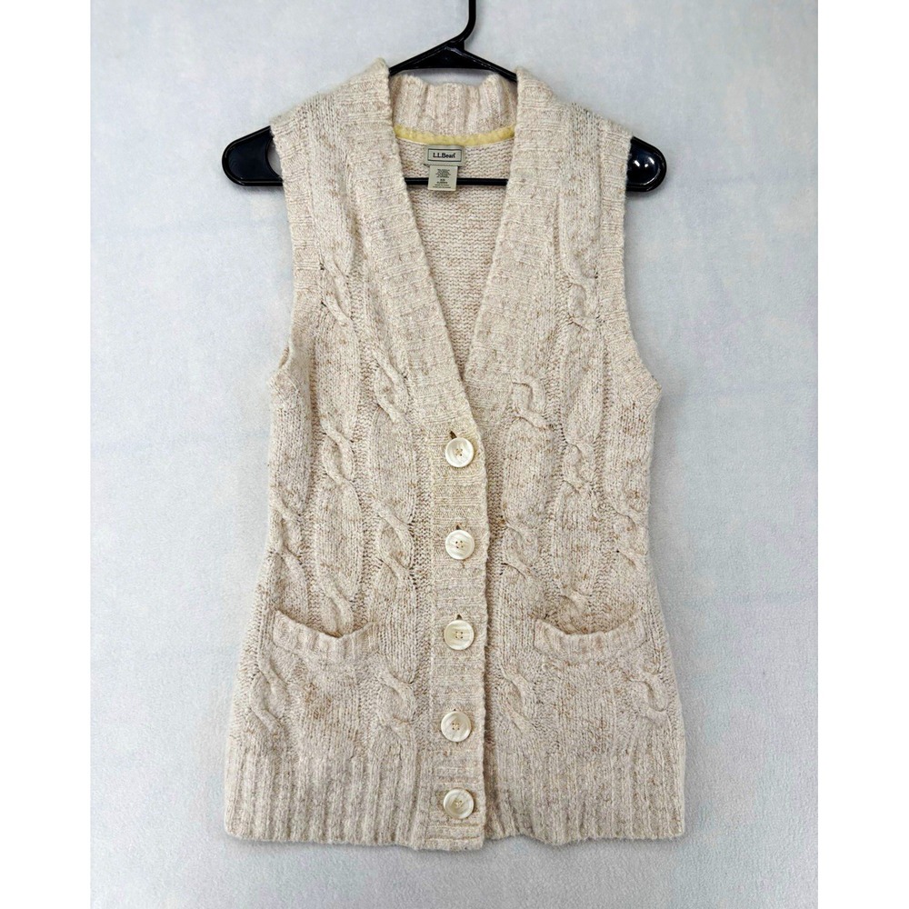 L.L.Bean Beige Cable Knit Button Front V-Neck Sweater Vest Pockets Women XS